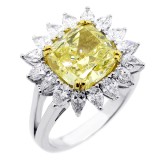 6.27 CTS CUSHION FANCY YELLOW DIAMOND ENGAGEMENT RING SET IN 18K WHITE GOLD
