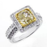 3.37 CTS FANCY YELLOW CUSHION CUT DIAMOND ENGAGEMENT RING SET IN 18K WHITE GOLD