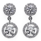 Hanging Two Stone Round Cut Halo Diamond Earring .98 Cts Set in 18K White Gold