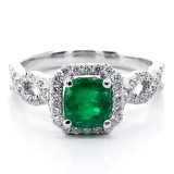 1.38ctw Cushion Cut Emerald & Diamond Halo Ring 18K White Gold