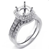 0.93 Cts Bridal Diamond Cushion Halo Engagement Ring Set 18K White Gold