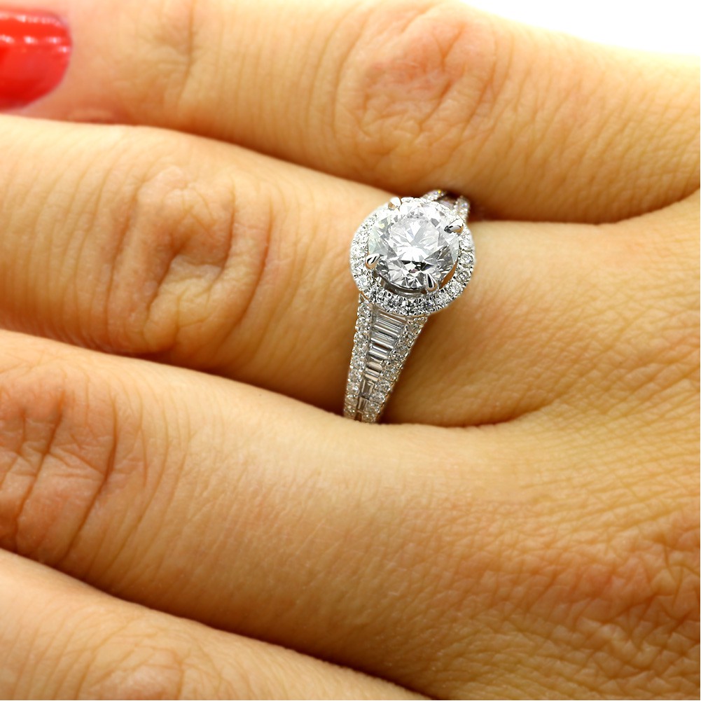 2.13 Cts Round Cut Diamond Halo Engagement Ring set in 18K White Gold,Cheap Diamond Engagement