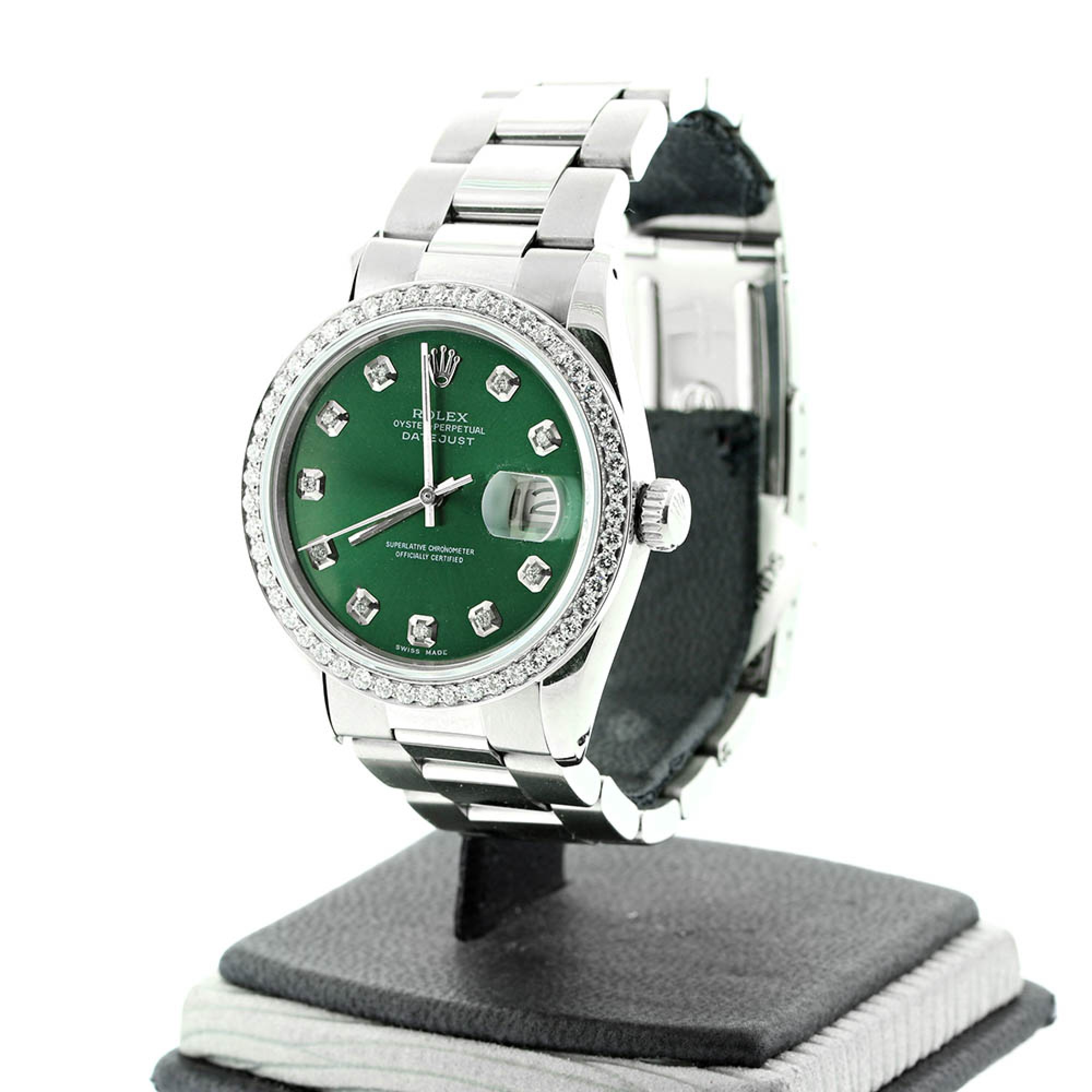 ROLEX Oyster Perpetual Datejust 1.2 Ctw Round Cut Diamond Bezel Green Dial 36mm Automatic Watch