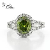 2.72 Cts Green Diamond Oval Engagement Ring with Halo set in 18K White Gold