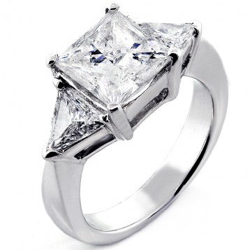 4.03 Cts Princess Cut and Trillion Cut Three Stone Engagement  Ring set in 14K White Gold