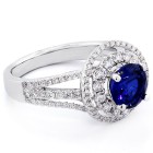 1.67 Round Cut Blue Gemstone Double Halo and Triple Shank Band Engagement Ring Set in 18K White Gold