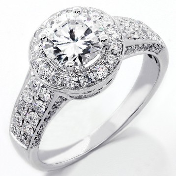 2.19 Cts Round Cut Diamond Halo Engagement Ring set in 14K White Gold