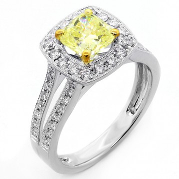 1.79 Cts Fancy Yellow Cushion cut Diamond Engagement Ring set in 18K White Gold