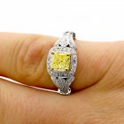 1.57 Cts Fancy Yellow Cushion Cut Diamond Engagement Ring set in 18K White Gold
