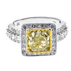 3.37 CTS FANCY YELLOW CUSHION CUT DIAMOND ENGAGEMENT RING SET IN 18K WHITE GOLD
