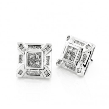 14Kt White Gold Square Invisible Set Diamond Stud Earrings 1.34Ct