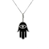0.33 Cts Black Enamel and Diamond Hamsa Pendant 18Kt White Gold