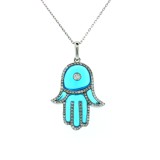0.38 Cts. Blue Resin and Diamond Hamsa Pendant 18K White Gold 