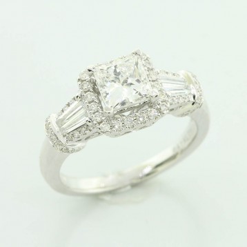 1.65 Ctw Princess cut and Tapered Baguette Stone Ring With Halo Set in 18K White Gold