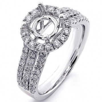 0.91 Cts Round Cut Diamond Split Shank Halo Engagment Ring Setting set in 18K White Gold