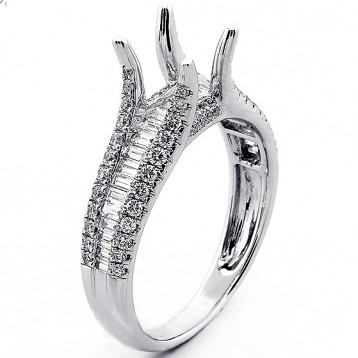 0.89 Cts Inviseble Setting Pave Round Cut and Baguette Diamond Engagement Ring Setting set in 18K White Gold 