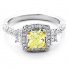 1.86 Cts Cushion Cut Yellow Diamond Engagement Ring Halo set in 18K White Gold
