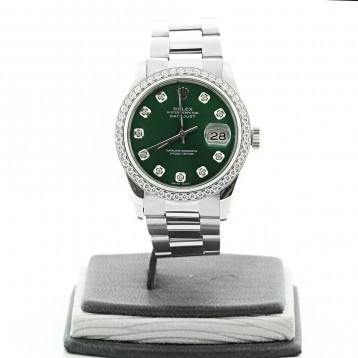 ROLEX Oyster Perpetual Datejust 1.2 Ctw Round Cut Diamond Bezel Green Dial 36mm Automatic Watch