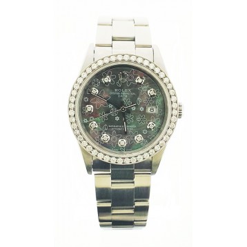 Rolex Oyster Perpetual Date Stainless Steel Diamond Bezel Floral Mop 34mm Watch