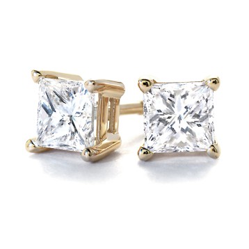 1 3/4Ct tw  Princess  Diamond Stud Earrings 14Kt Yellow Gold