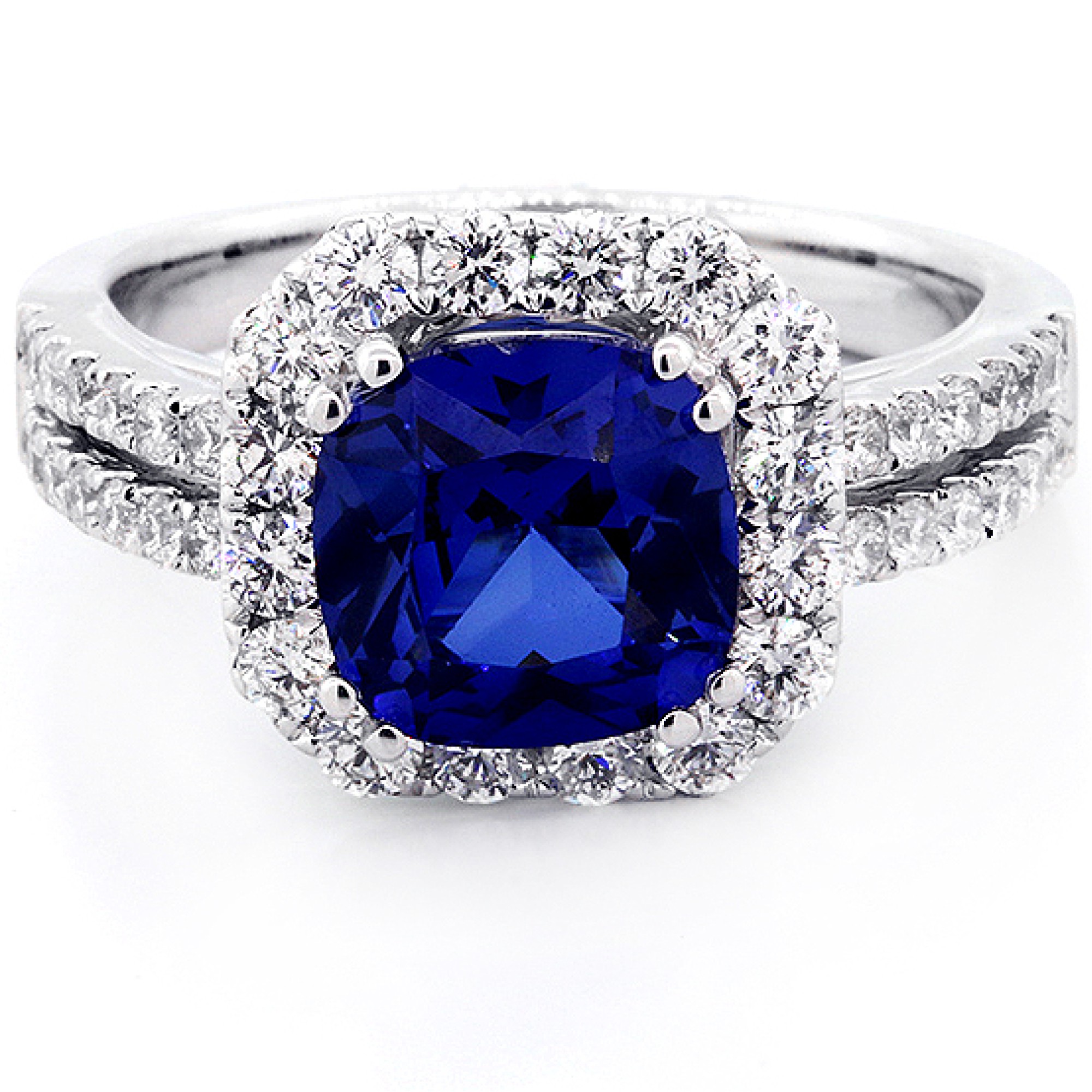 2.75 Cts Cushion Cut Blue Gemstone Diamond Cushion Halo Engagement Ring ...