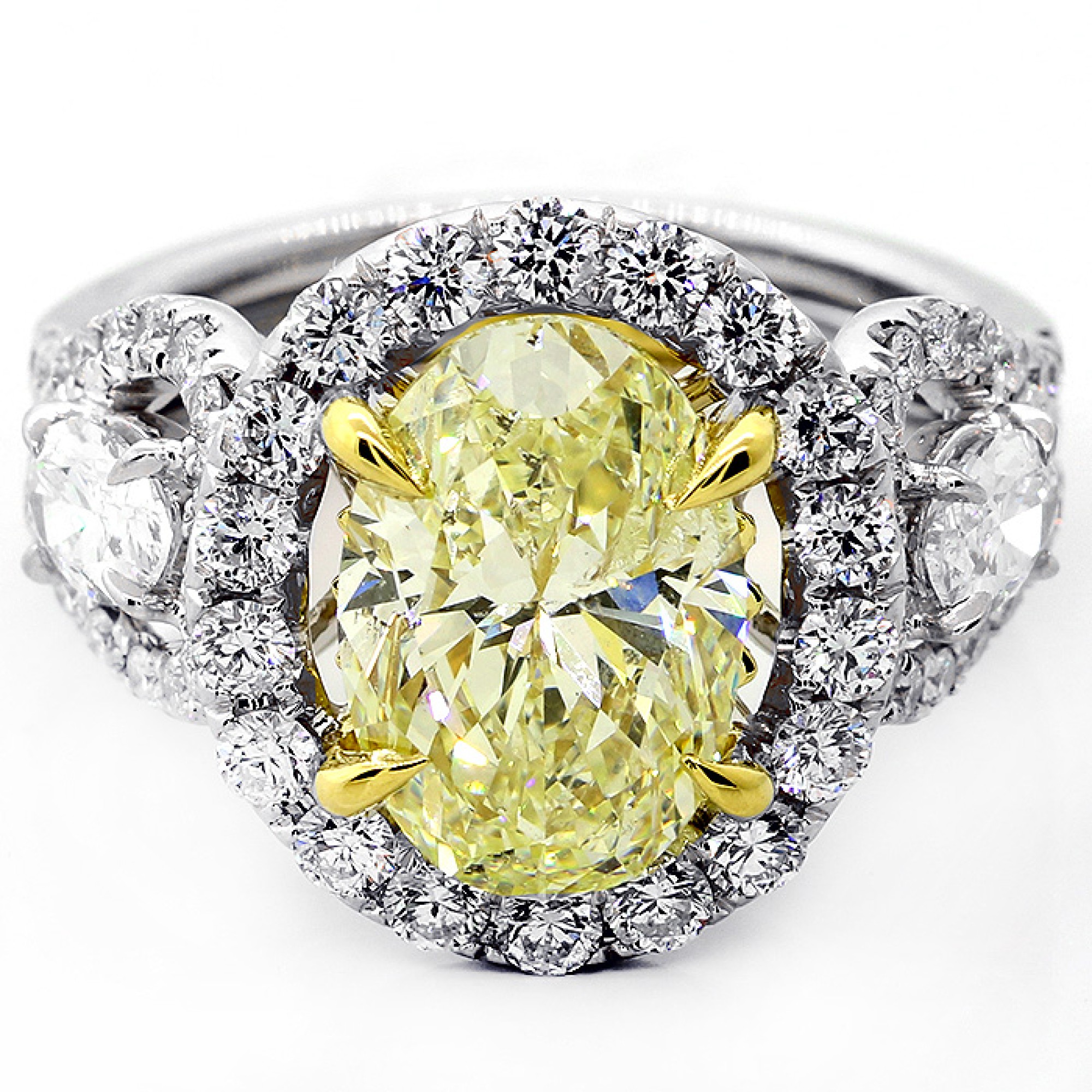 4.73 Cts Fansy Yellow Oval cut Engagement Ring set in 18K White Gold ...