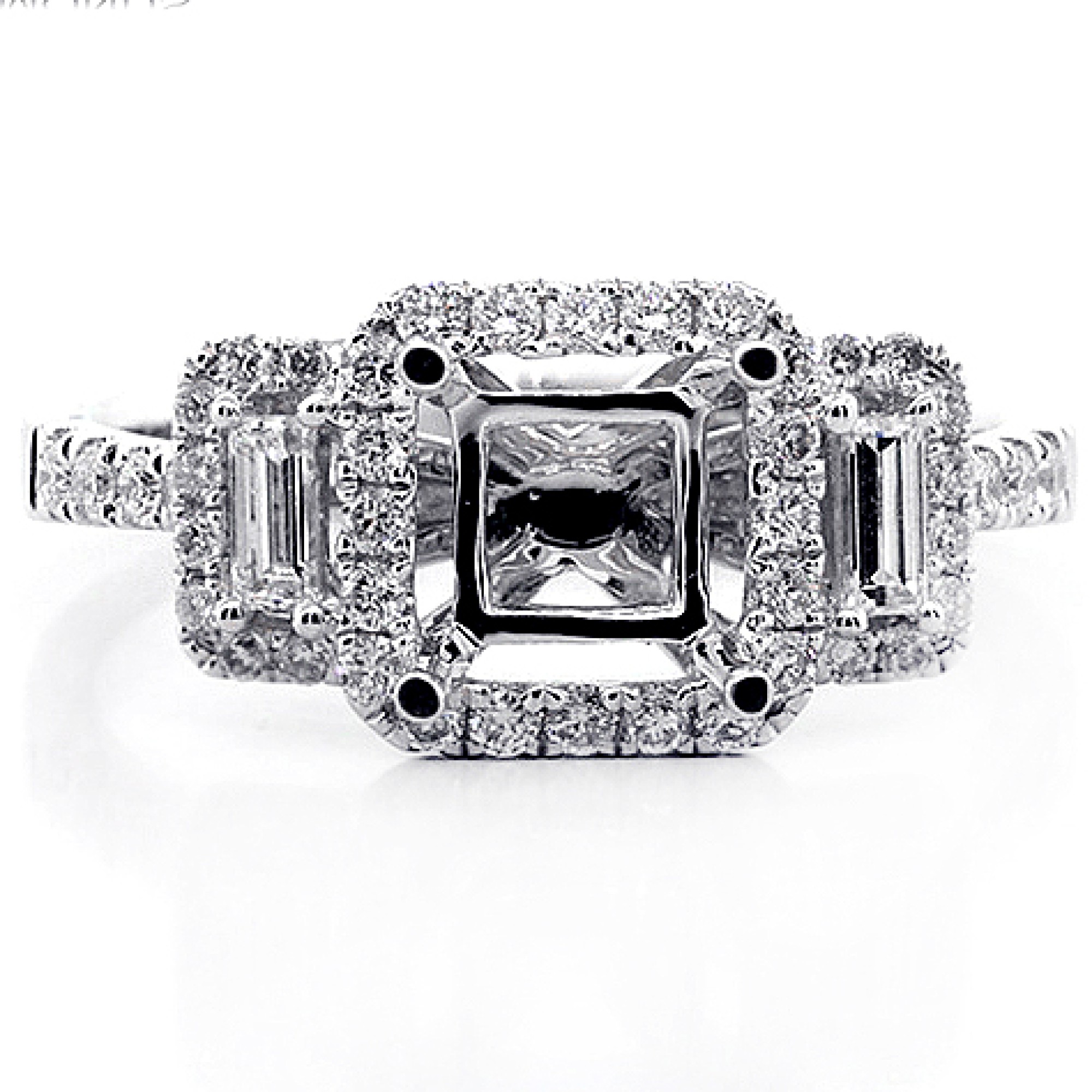 0.57 Cts Three Stone Diamond Halo Engagement Ring Setting set in 18K ...