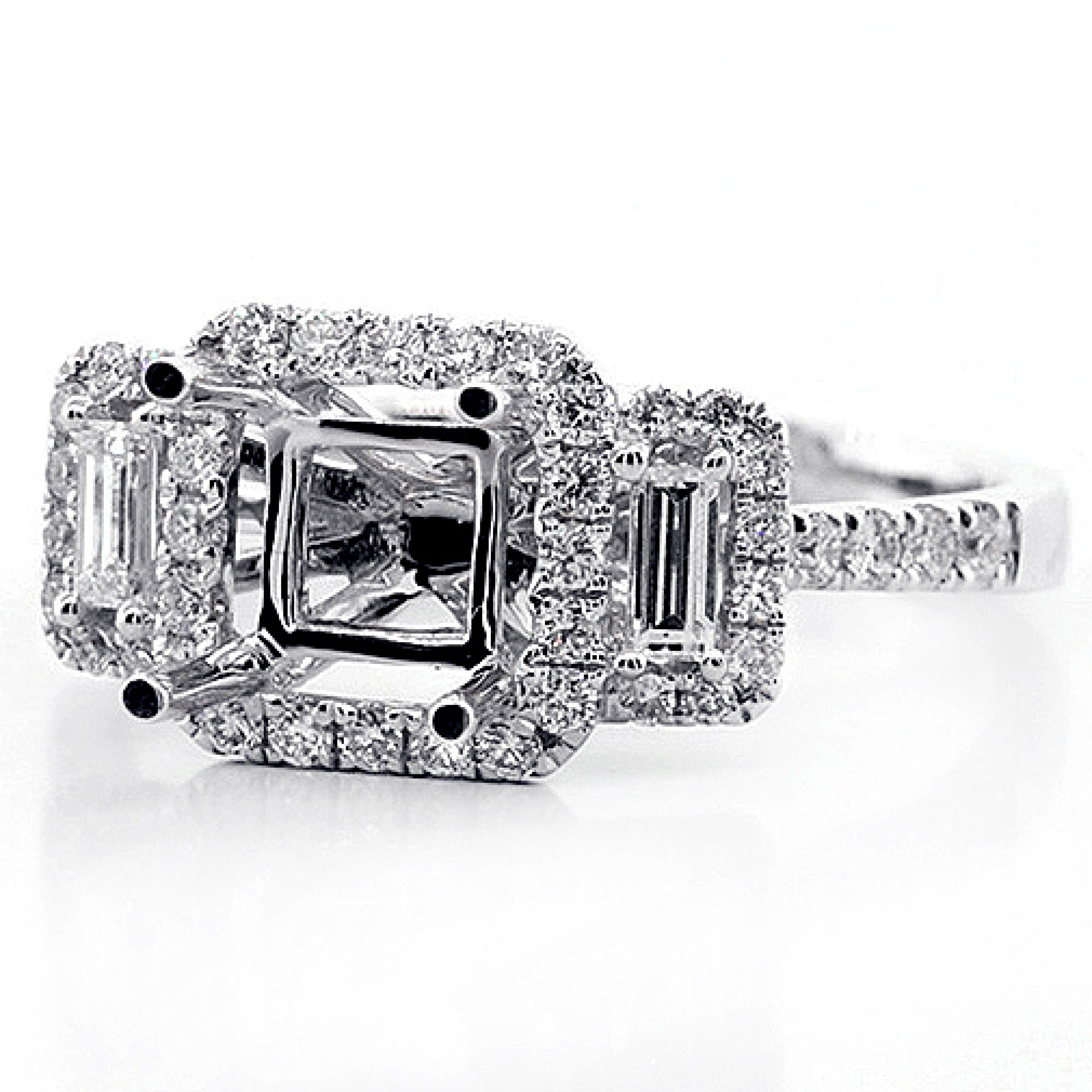 0.57 Cts Three Stone Diamond Halo Engagement Ring Setting set in 18K ...